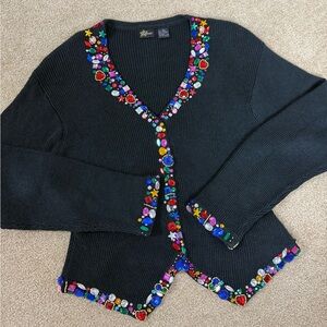 Vintage 90s Frederick’s of Hollywood Black Jewel Embellished Cardigan Sweater XL